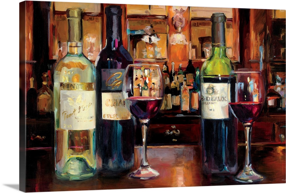 Painting of a group of wine bottles and glasses with red wine.