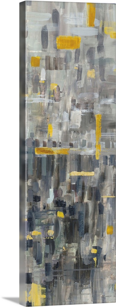 Tall, rectangular abstract painting with neutral toned brushstrokes in the background and bright gold brushstrokes on top.