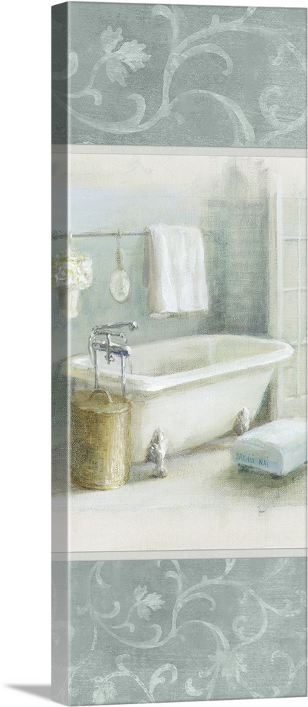 A long vertical decorative composition of a white bathroom scene bordered with slate blue floral design.