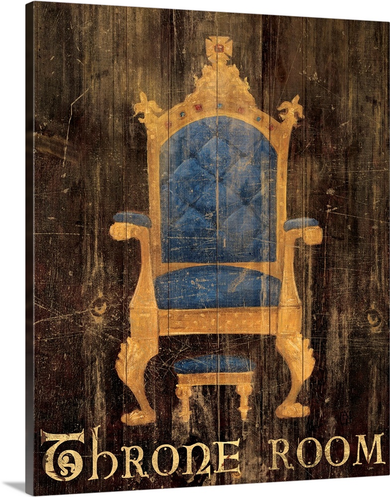 Decorative and humorous bathroom wall art of a plush fantasy or medieval style chair painted over distressed wooden planks...