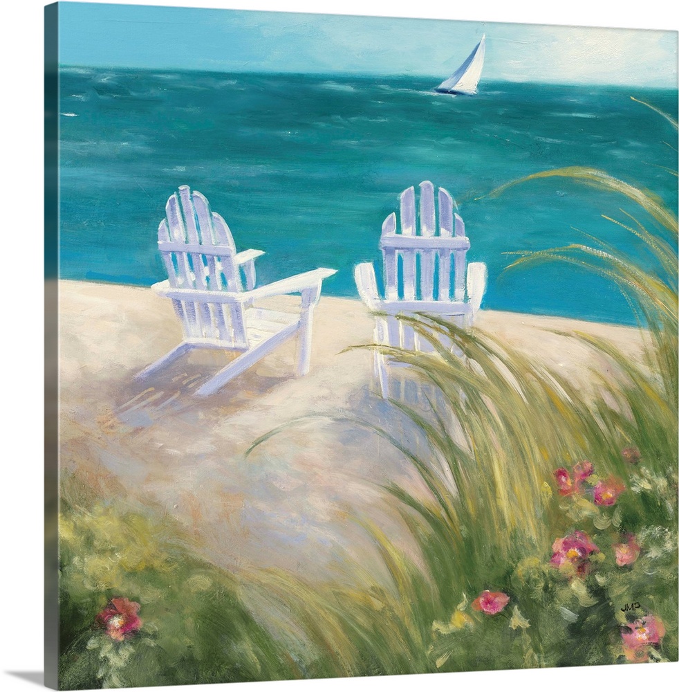 Relaxing painting of two white adirondack chairs on the beach with a sailboat in the ocean off in the distance.