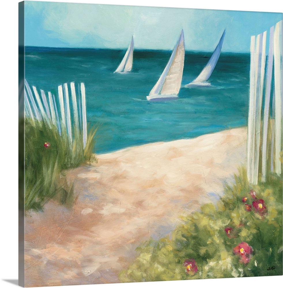 Contemporary painting of a sandy path on the beach with three sailboats in the ocean.