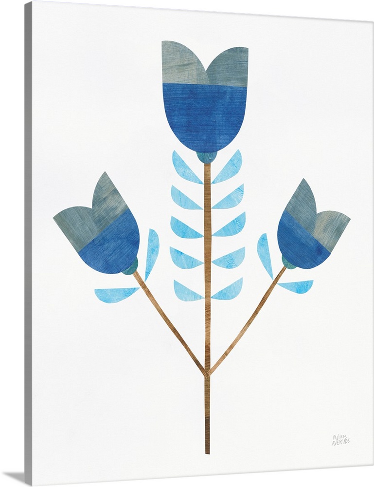 Contemporary artwork of blue flowers created with individual cut out pieces of painted paper and put on a white background.