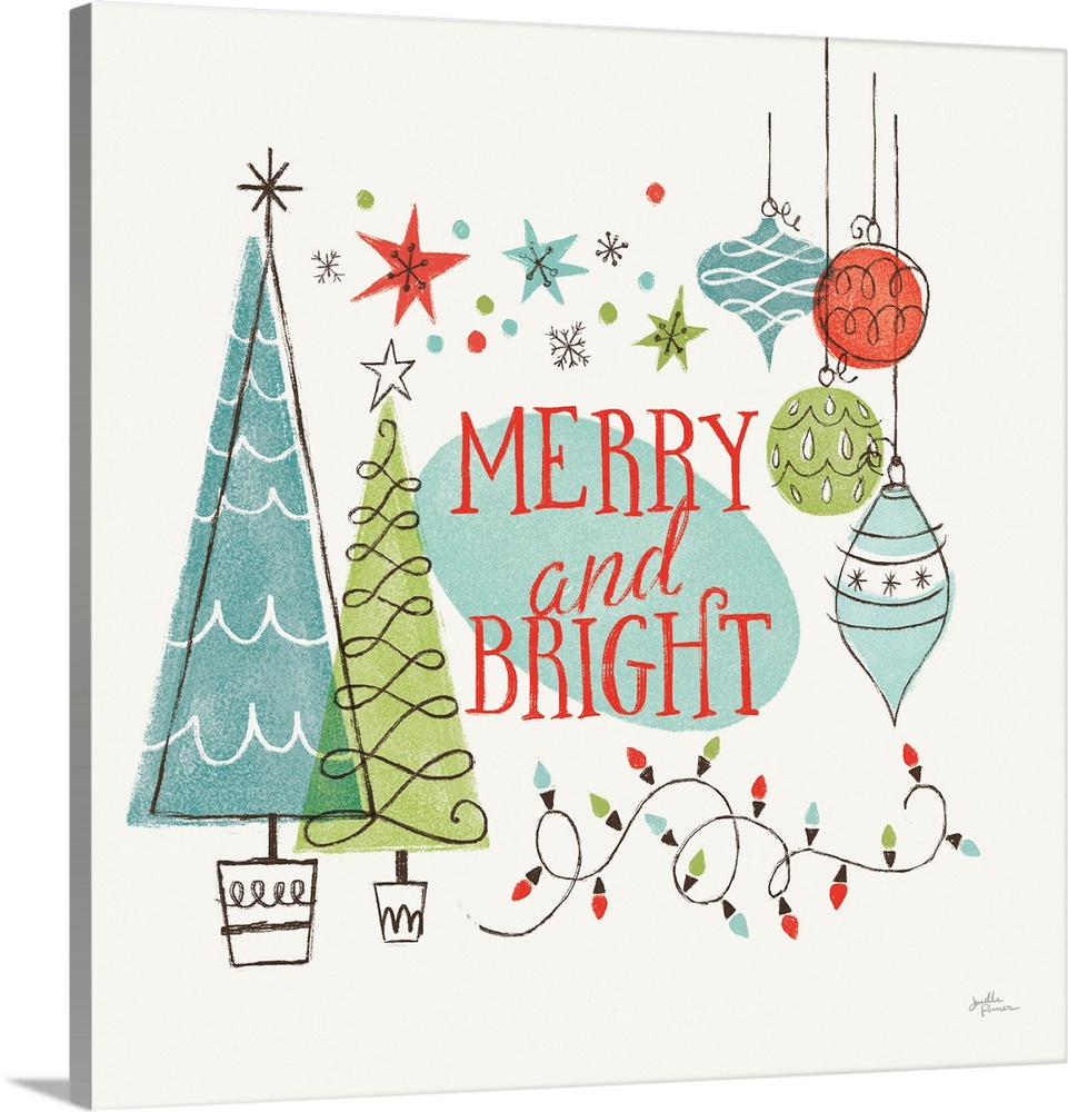 A modern decorative design of Christmas trees, ornaments and lights with the text "Merry and Bright".