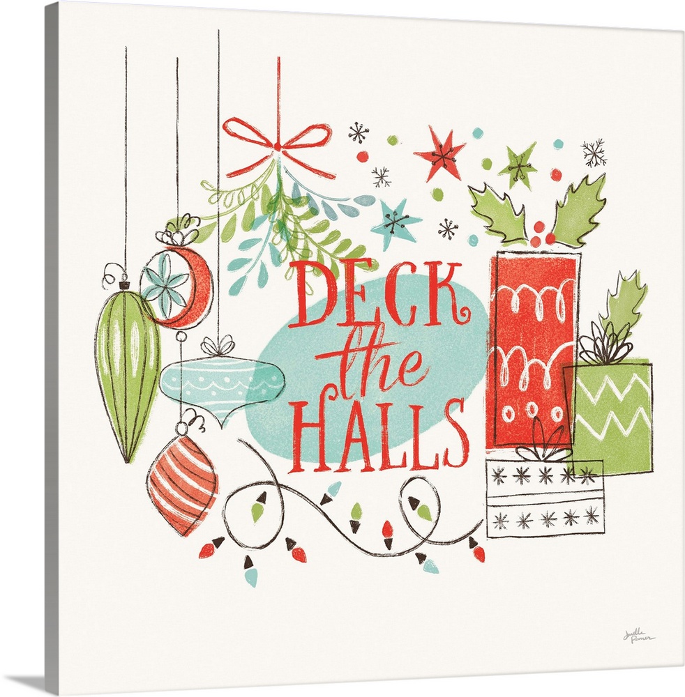 A modern decorative design of Christmas presents, ornaments and lights with the text "Deck The Halls".