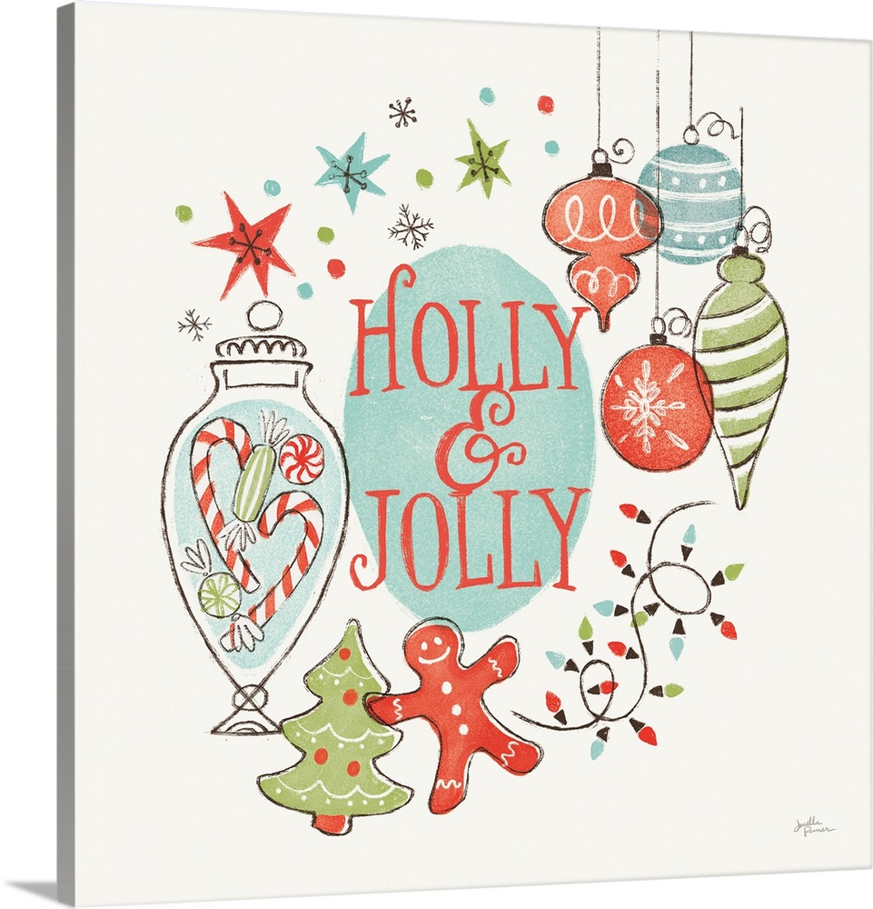 A modern decorative design of Christmas cookies, ornaments and lights with the text "Holly & Jolly".