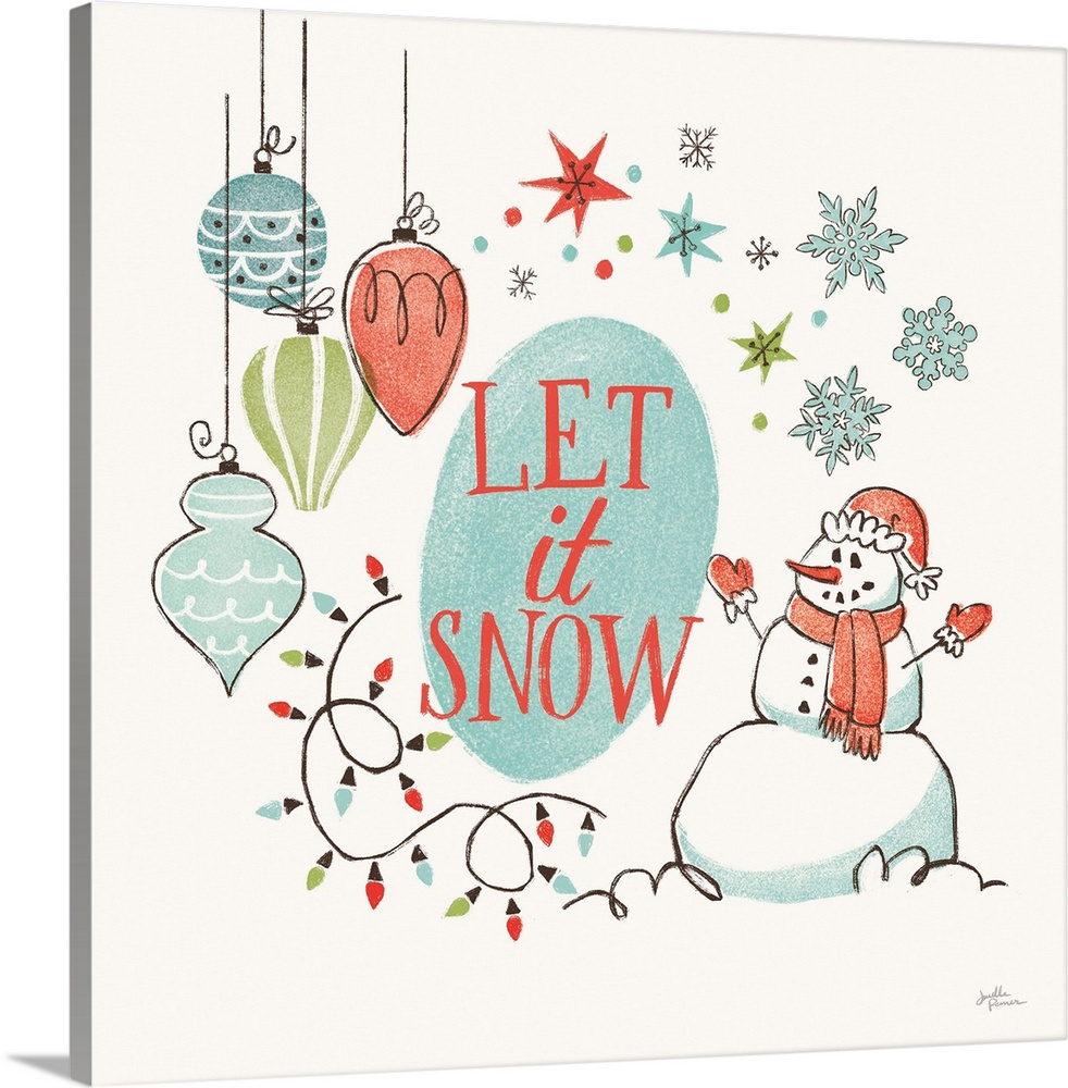 A modern decorative design of snowman, ornaments and lights with the text "Let it snow".