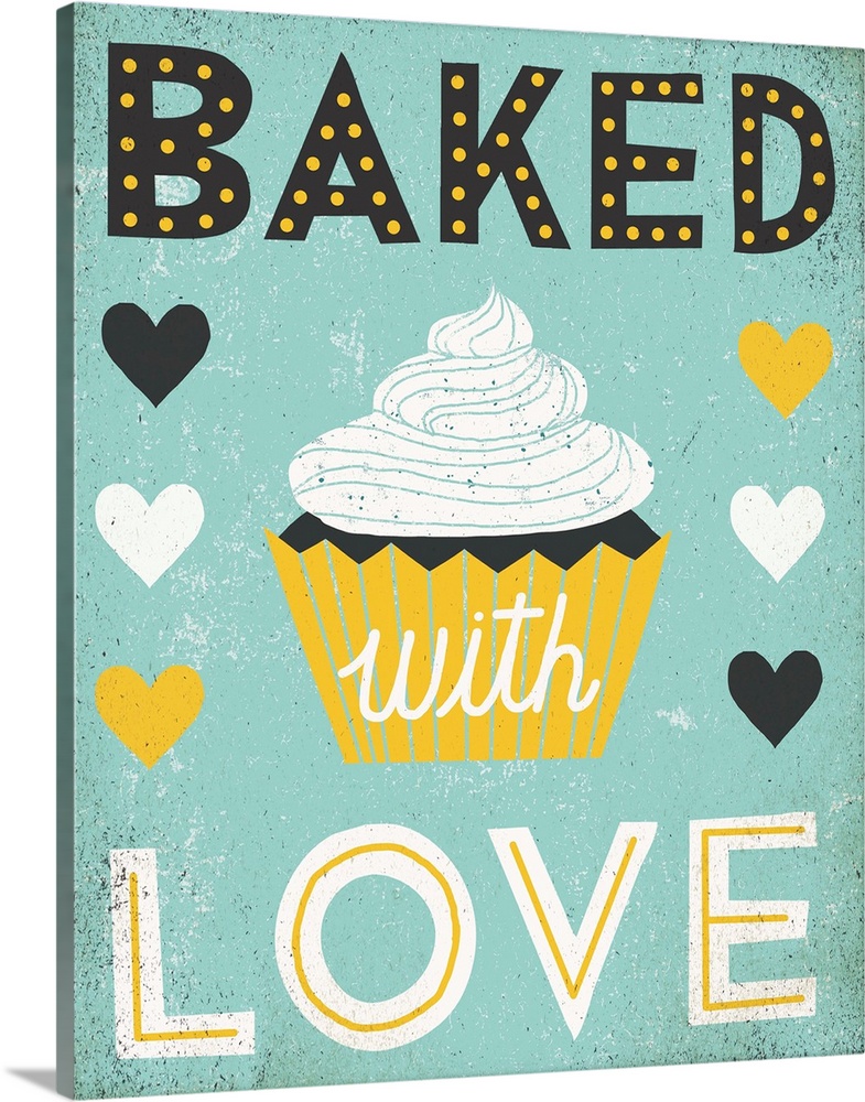 Cute retro artwork of a cupcake with the words "Baked with Love" and hearts.