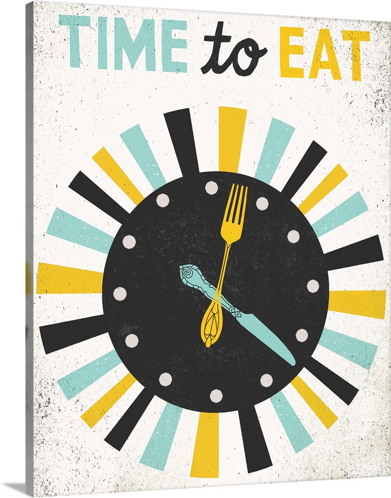 Cute retro sign featuring a clock with a knife and fork for hands.