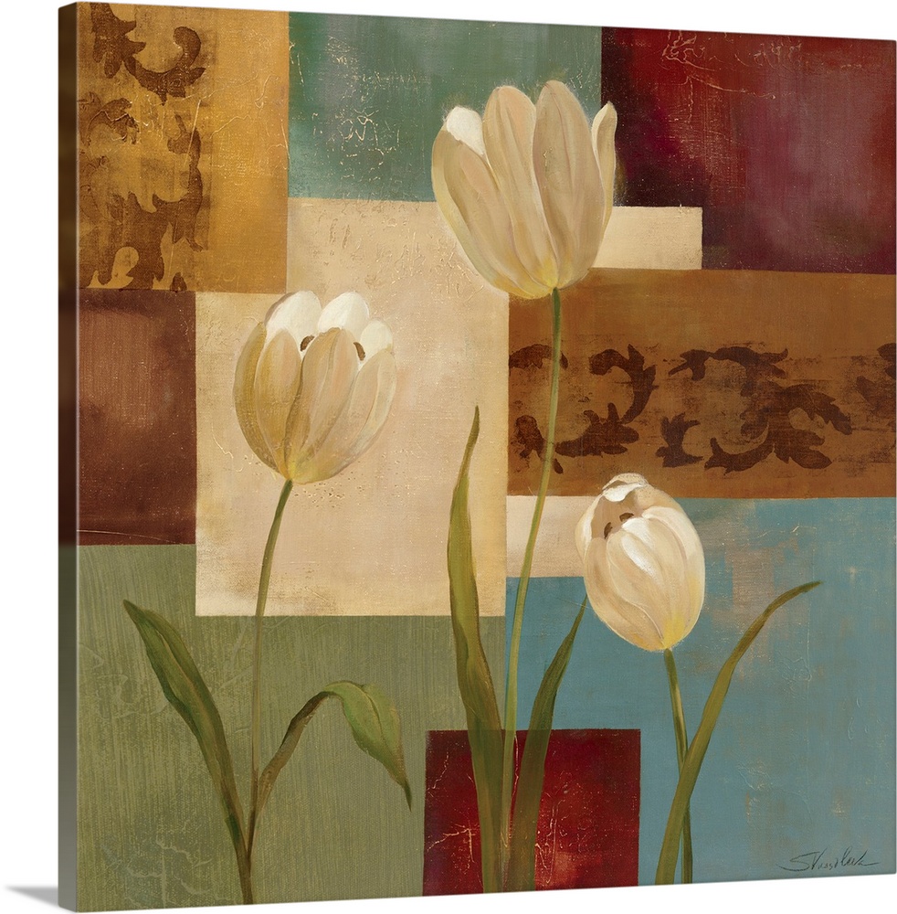 Three tulips in front of a geometric background with embellished patterns and textures in this decorative accent for the h...