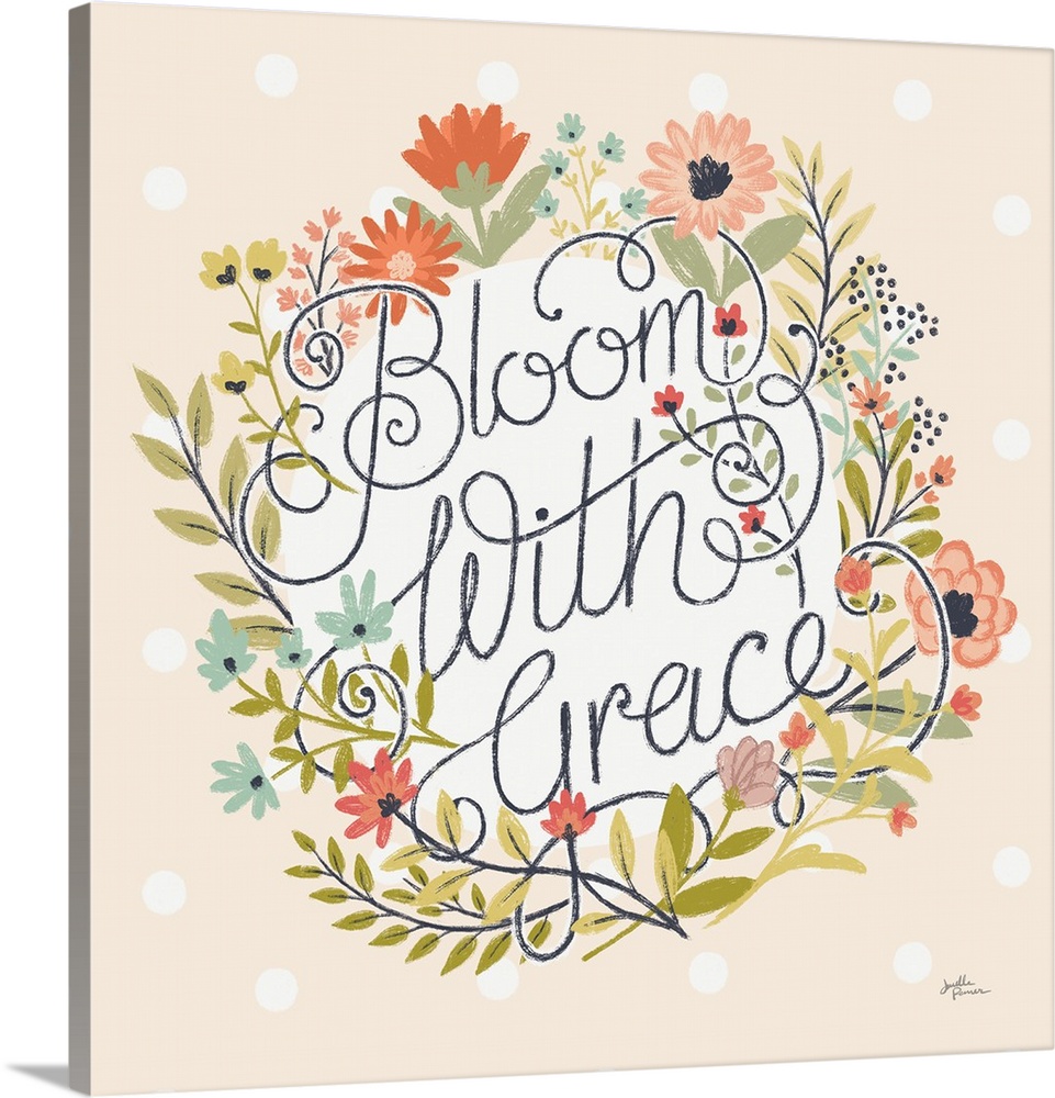 "Bloom With Grace" framed with colorful spring flowers on a beige background.