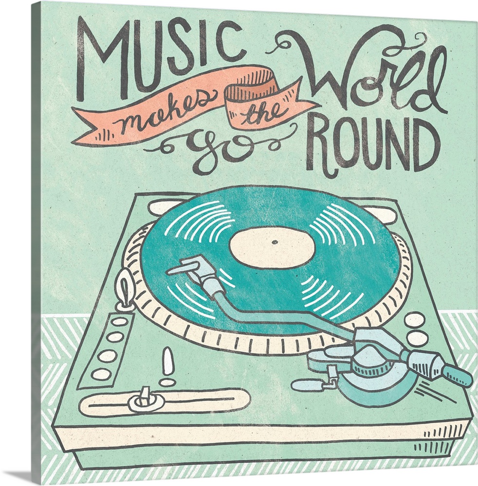 Retro style artwork of a record player with a sweet hand-lettered sentiment.