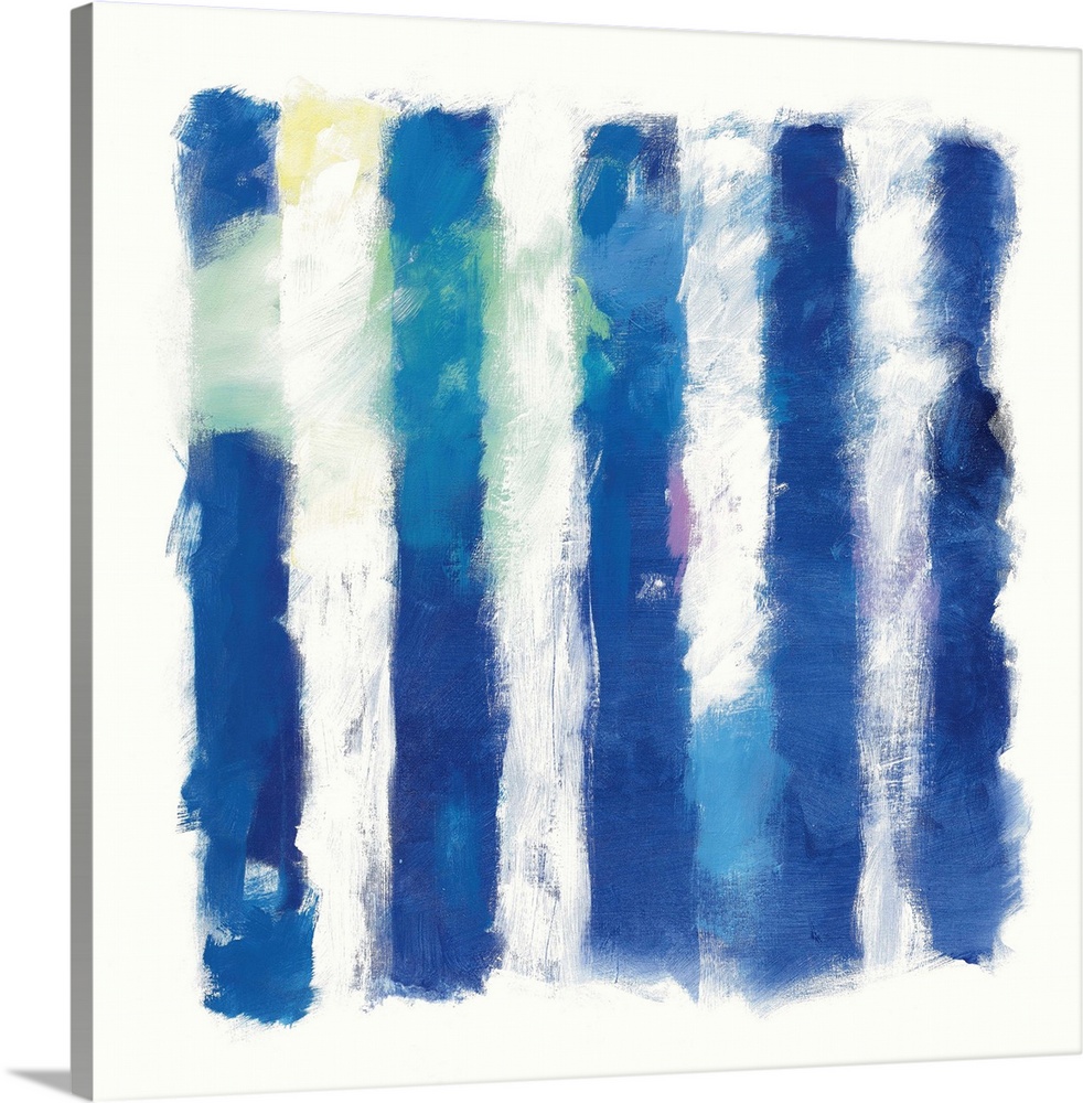 Abstract art of deep blue vertical stripes on white.