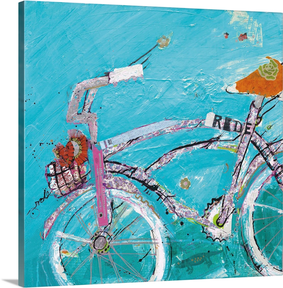 Energetic brush strokes, heavy textures and cut paper create a decorative artwork of bicycle.