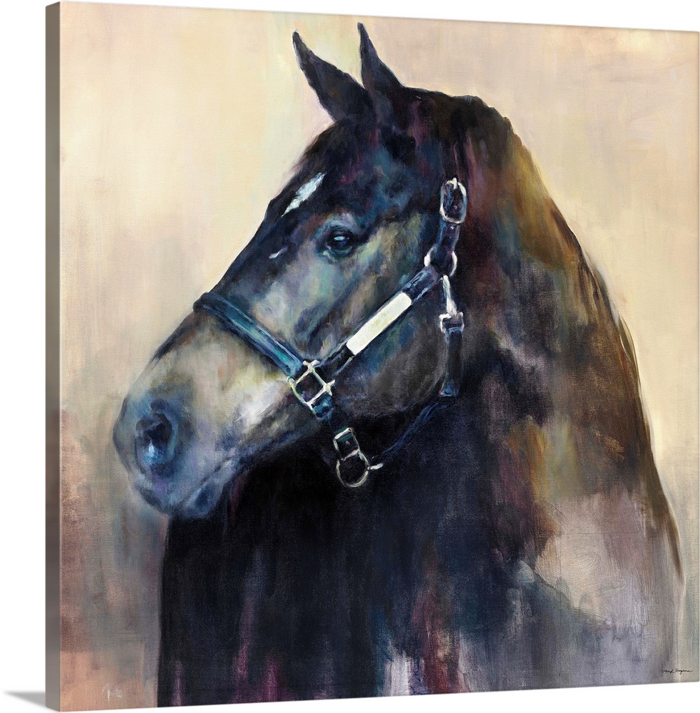 Contemporary painting of a dark horse with cool hues.