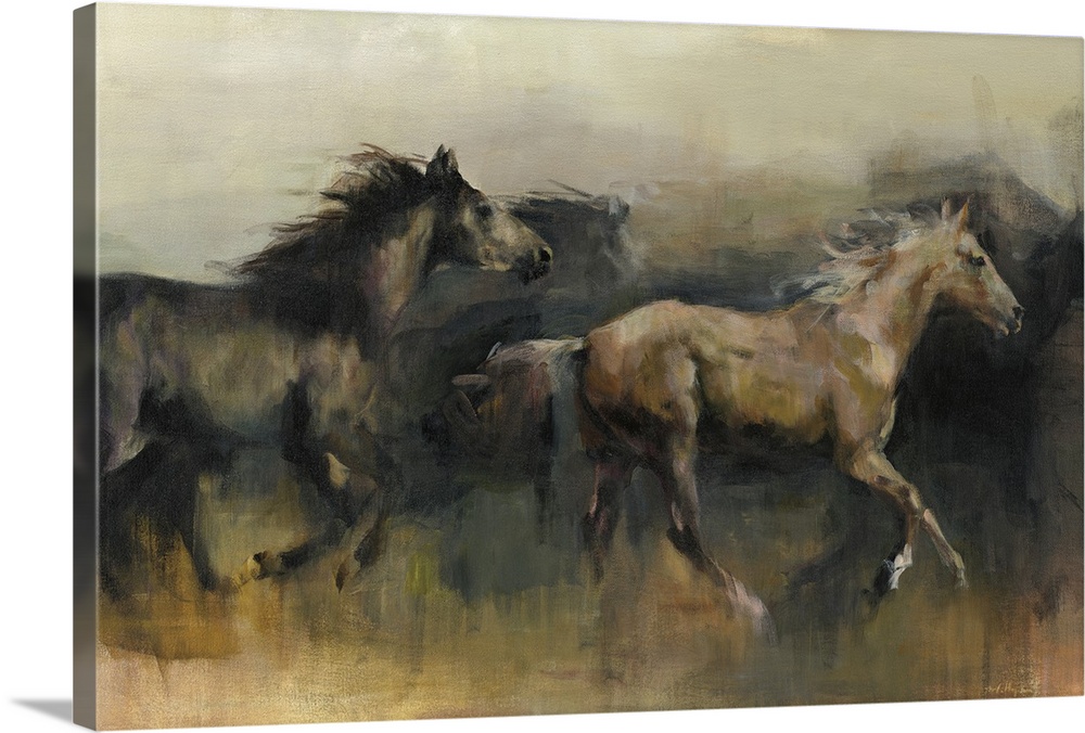 Contemporary painting of a black and a brown horse galloping in the western desert.