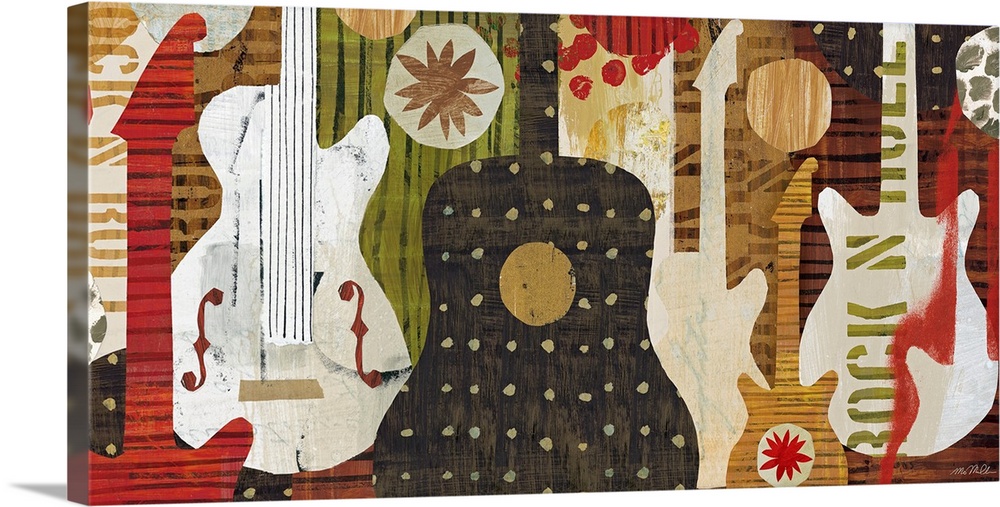 Abstract painting of various silhouettes of guitars with different stencils and patterns painted on and behind them.