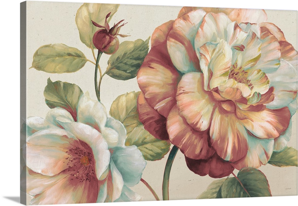 Contemporary painting of large flowers on an off-white background.