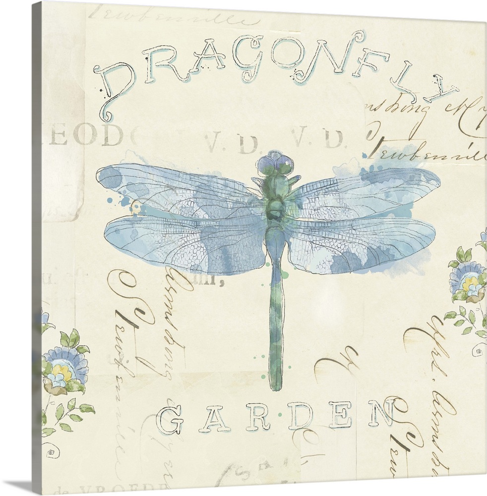 Contemporary home decor artwork of a soft blue dragonfly against a pale tan background.