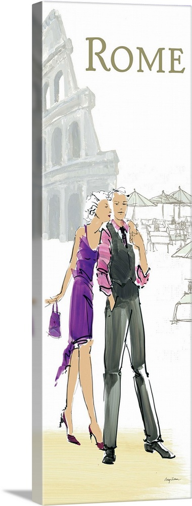 Contemporary artwork of a couple, with the coliseum in the background.