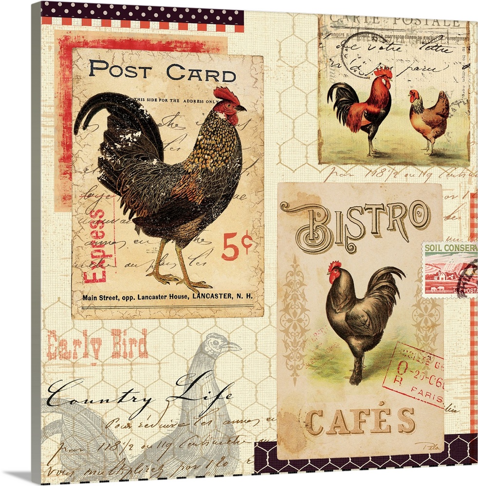 Contemporary artwork of different postage stamps with roosters on them.
