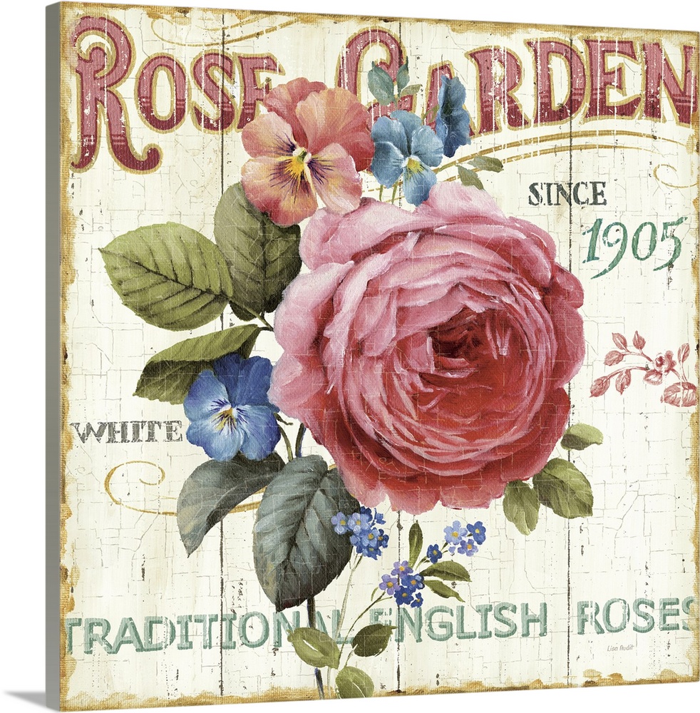 Square painting on canvas of a rose and other flowers in the middle with text around it on a grungy backdrop.