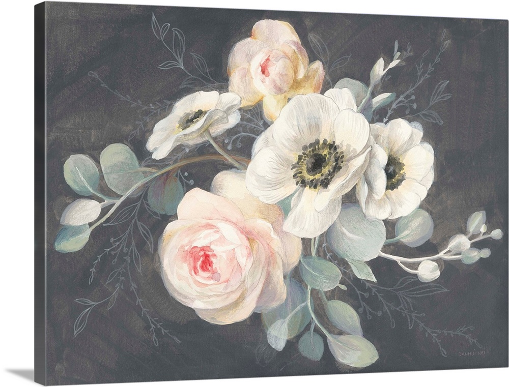 A decorative artwork of a group of Roses and Anemones on a gray background.