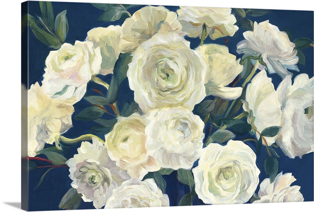 A large contemporary painting of a full bloomed white roses against of blue backdrop.