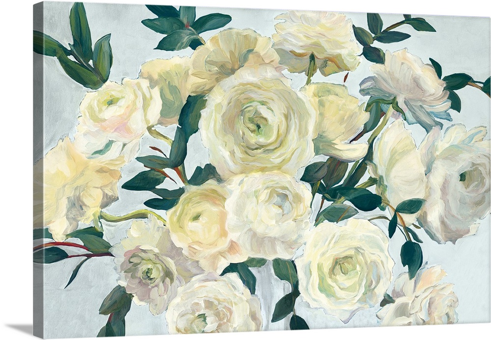 A large contemporary painting of a full bloomed yellow roses against of light blue backdrop.