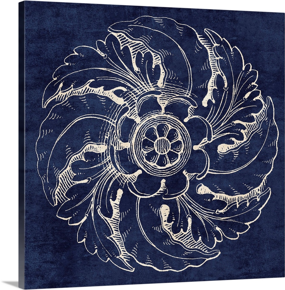 Contemporary artwork of a vintage stylized rosette in dark blue.