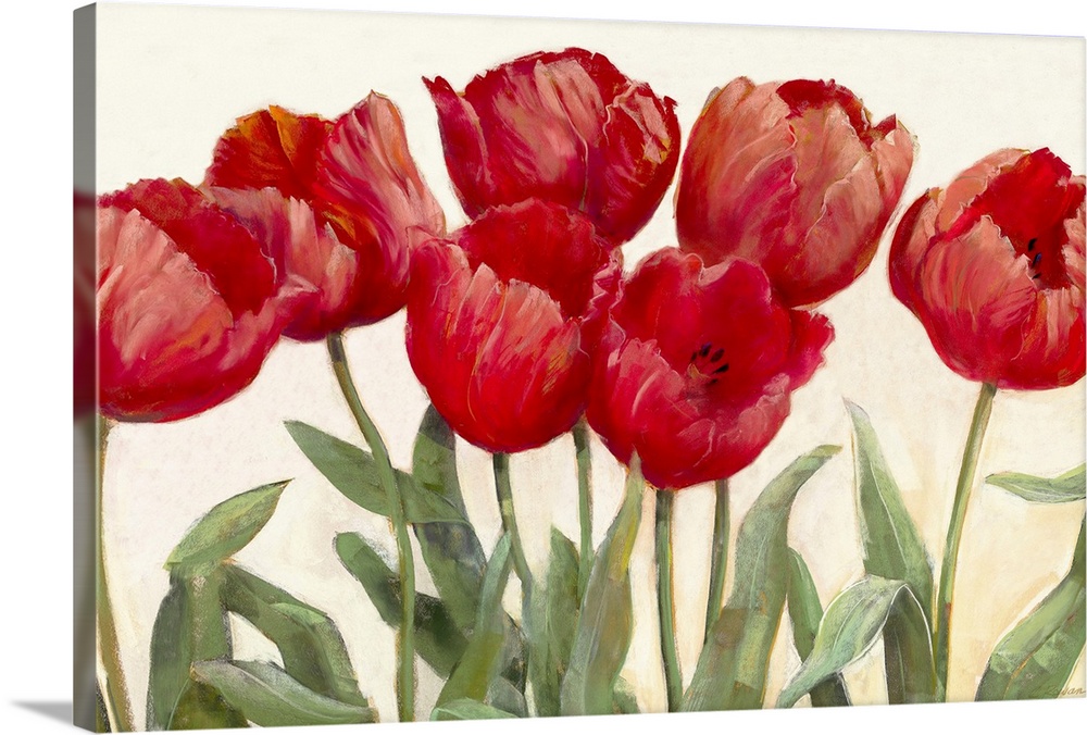 Large floral art focuses on seven flowers as they sit against a bare background.