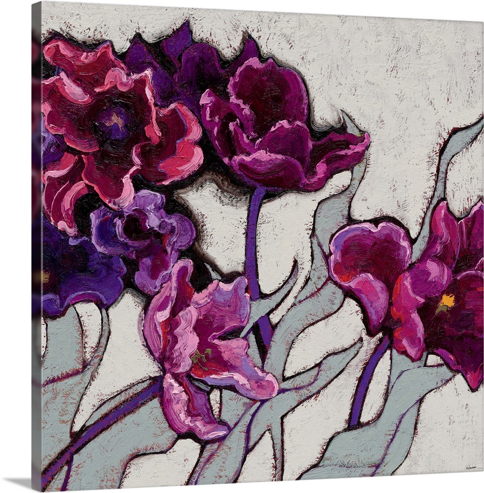 Contemporary painting of violet flowers against a gray background.