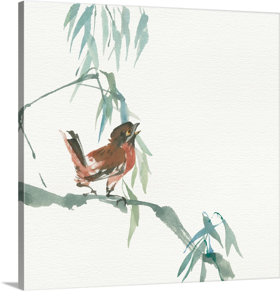 Contemporary painting of a bird perched on a drooping branch.