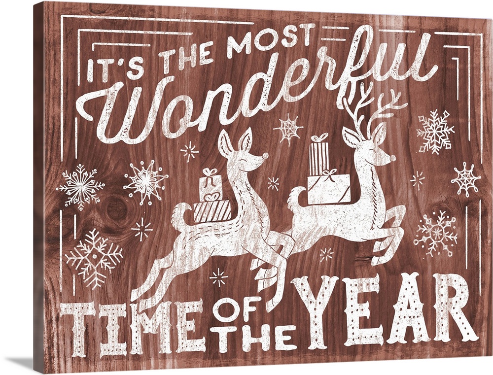 "It's the Most Wonderful Time of the Year" decorative holiday art on a red wood background.