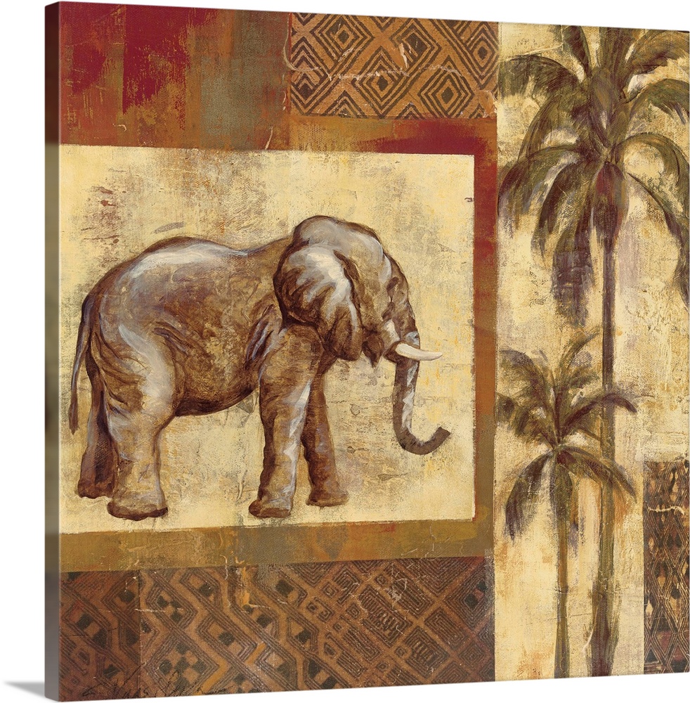 This artwork has a patch style background with a large elephant painted facing toward tall palm trees that line the right ...