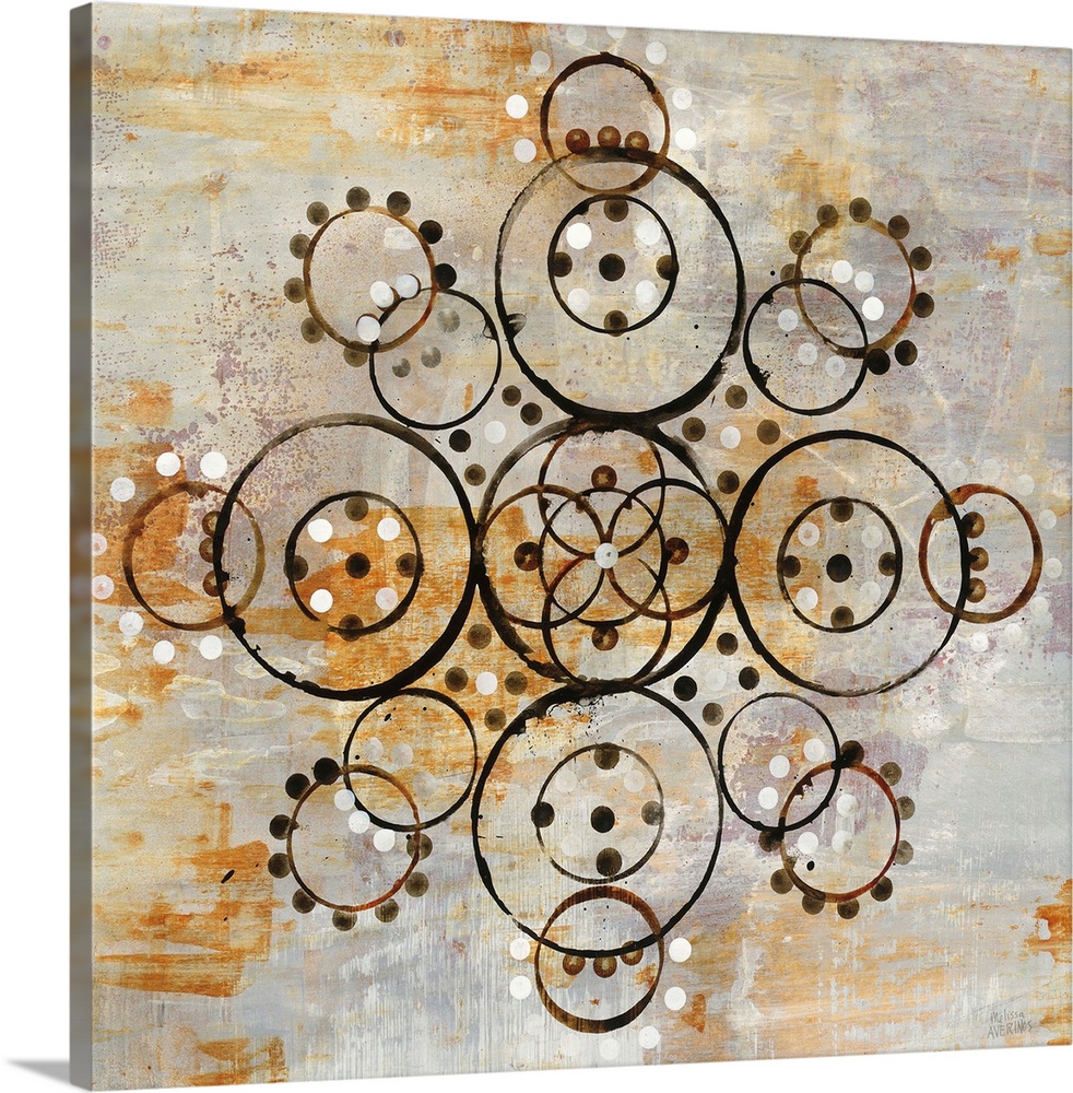Square abstract painting of a symmetric mandala pattern created out of circles on a textured gray, white, and orange backg...