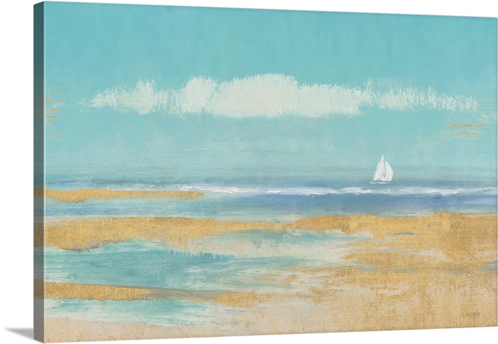 Contemporary artwork of a sandy beach with a sailboat on the horizon.