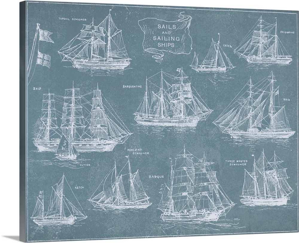 Artwork of a vintage blueprint chart of various old sailing ships.