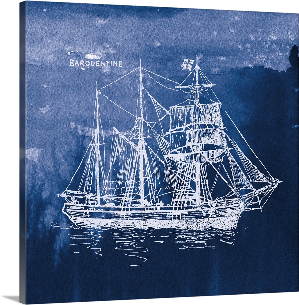 Square art with a white silhouette of a sailboat on an indigo watercolor background and "Barquentine" written in the corner.