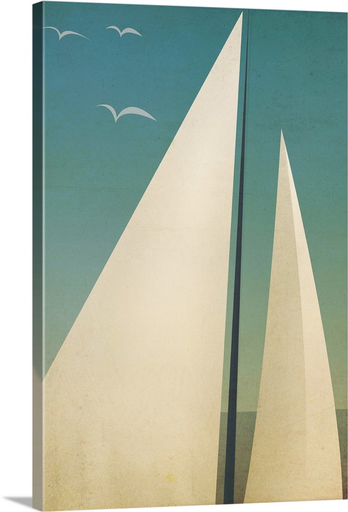 Contemporary artwork of sails seen against a dark blue sky.