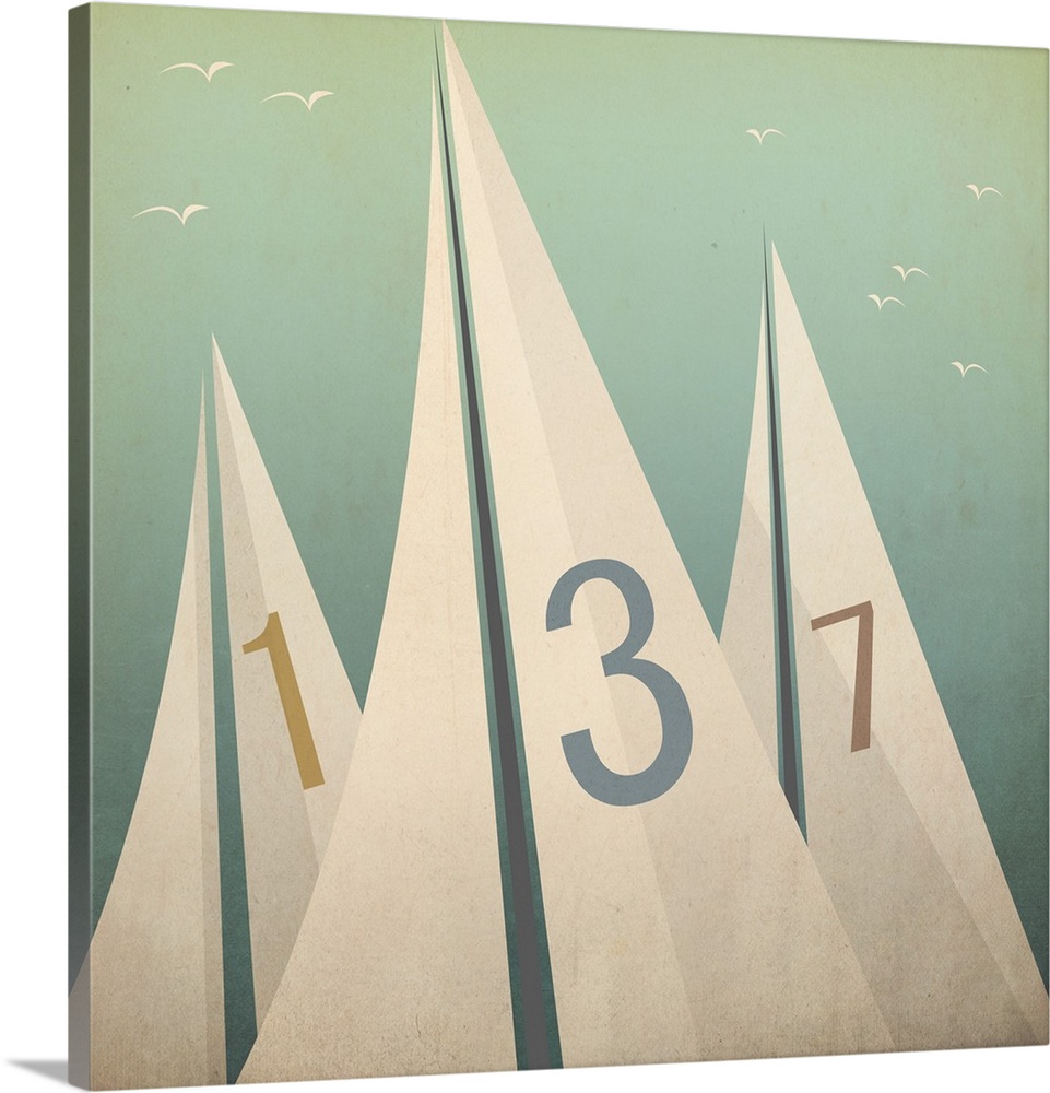Contemporary artwork of three sails with numbers on them against a pale green background.