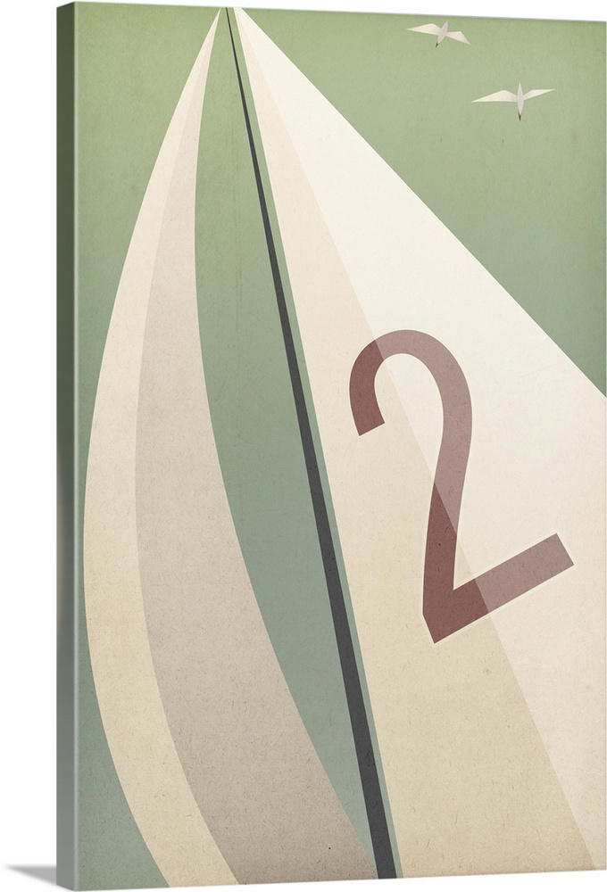 Contemporary artwork of a sail with a number on it against a pale green background.