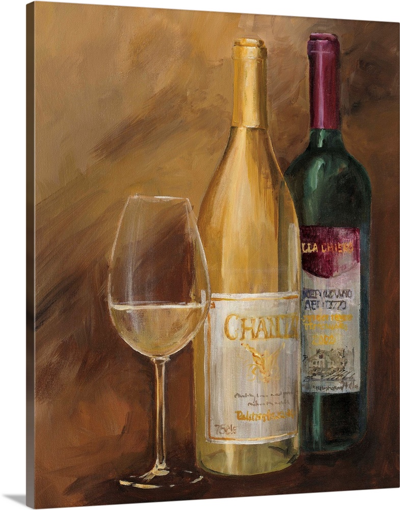 Still life painting of wine bottle and a glass sitting in a golden environment.