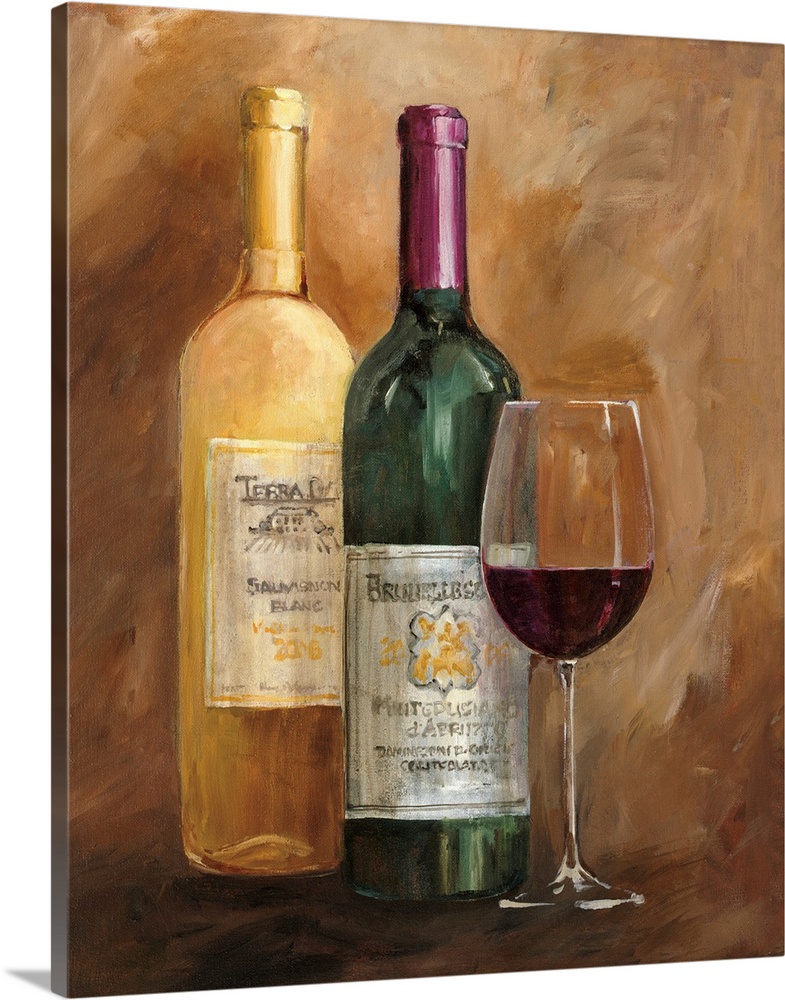 Still life painting of wine bottle and a glass sitting in a golden environment.