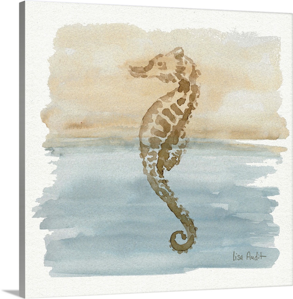 Watercolor painting of a seahorse in neutral tones.