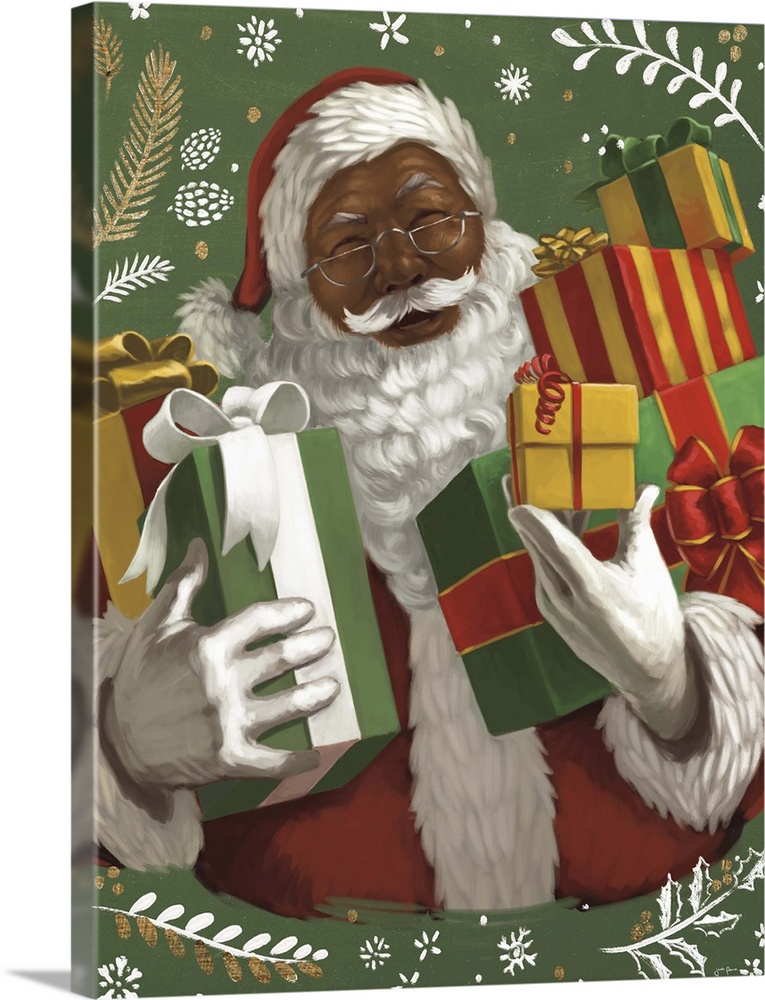 A jolly portrait of Santa Claus holding several wrapped gifts.