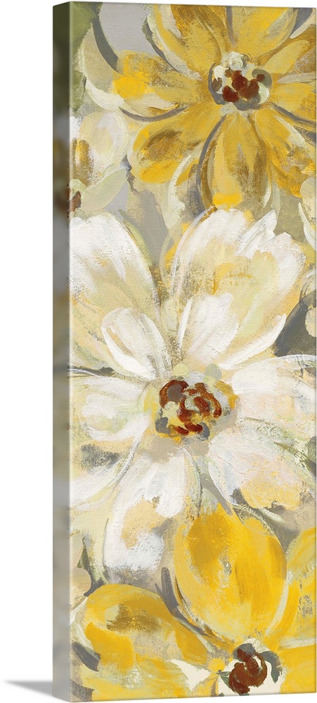 A long vertical image of large yellow flower blooms with white accents.