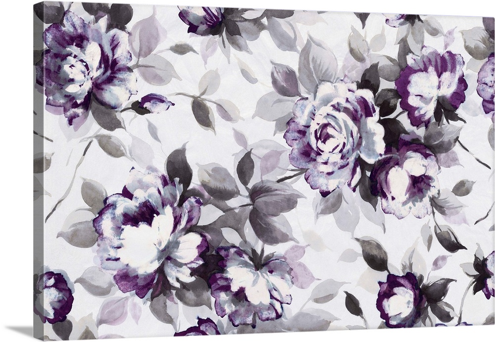 Artwork of roses in purple with grey leaves.