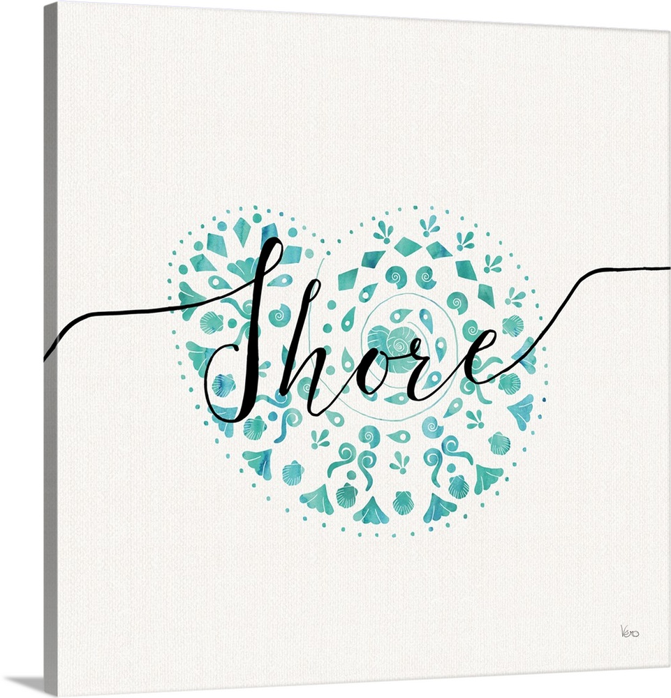 Square watercolor painting of a seashell in blue-green hues with "Shore" written across in black script on a white backgro...