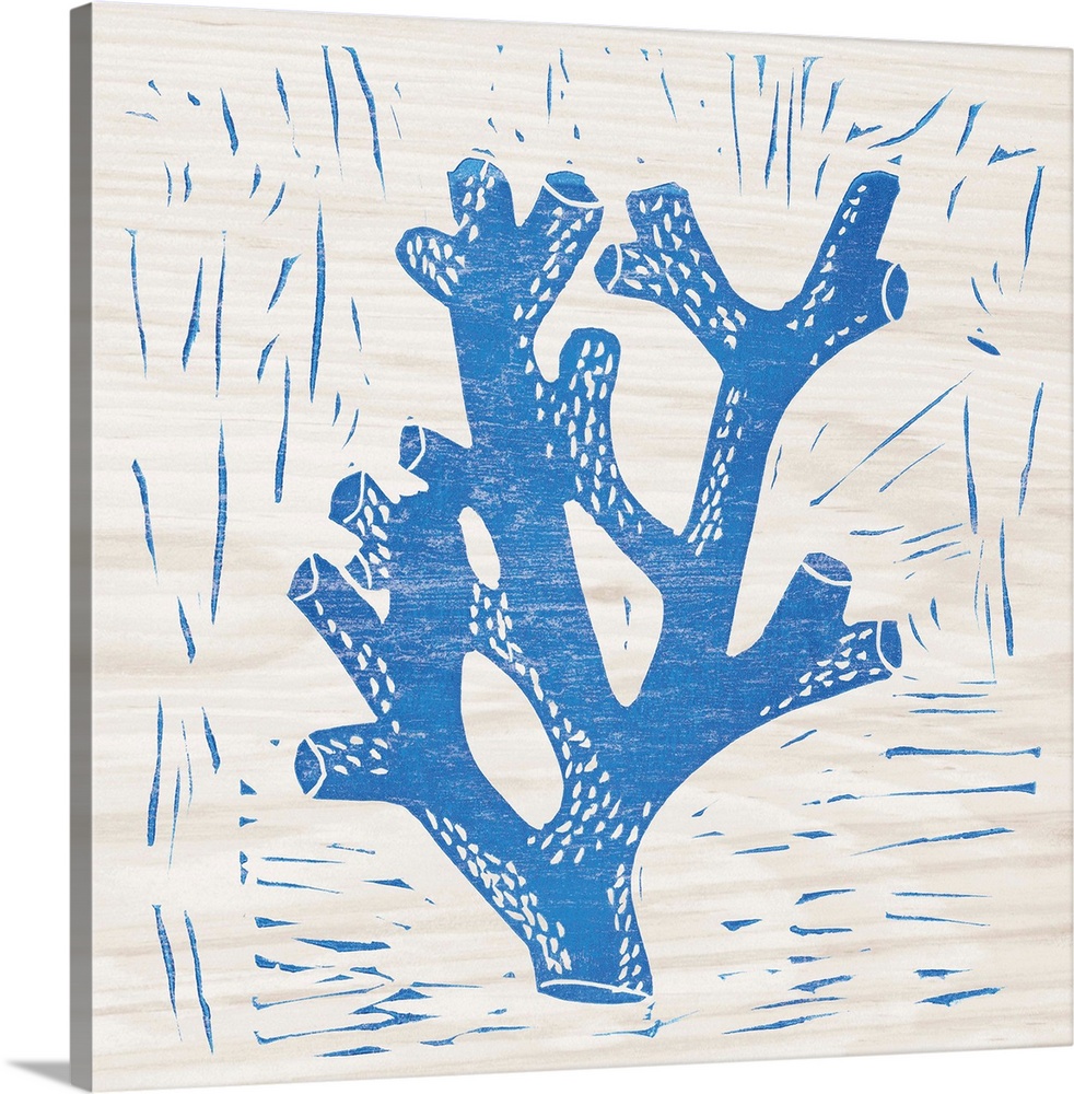 Blue woodcut-style coral print on wood.